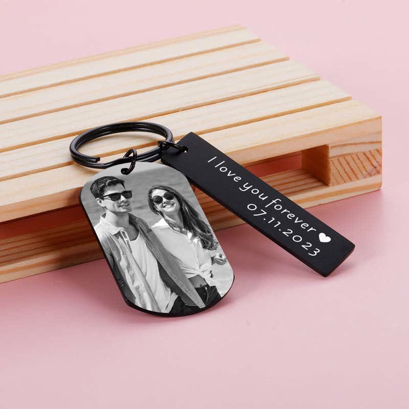 Lasergraviertes Bild, benutzerdefiniertes Foto und Text-Schlüsselanhänger - Schwarz - image 0