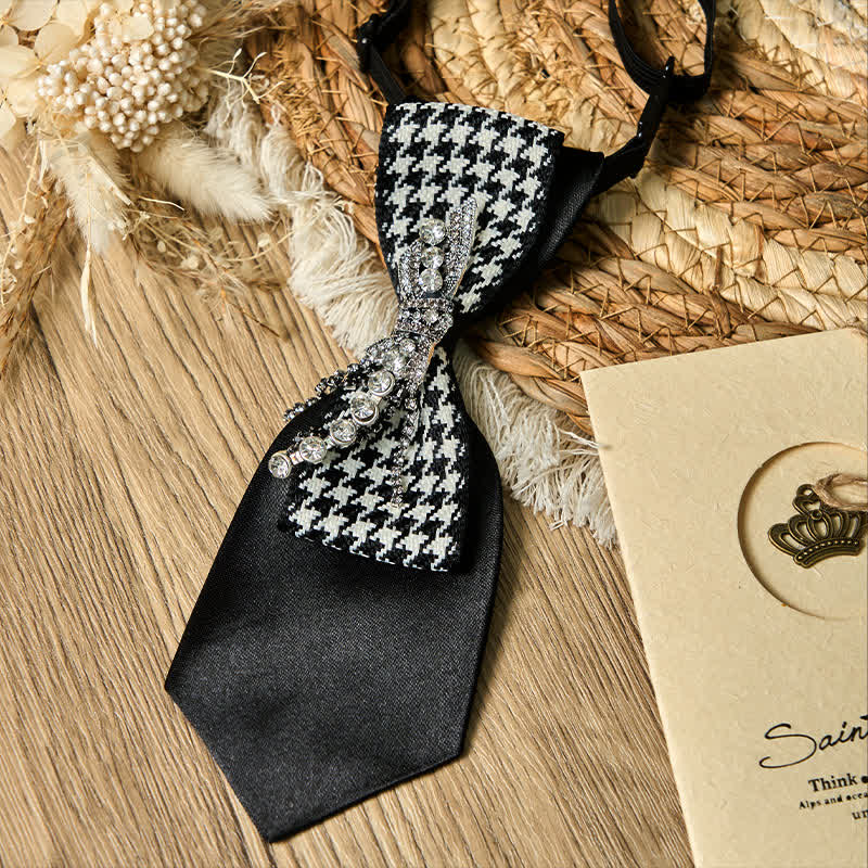 Schwarze kreative Krawatte mit Hahnentrittmuster und Strass in Schleifenform - image 5