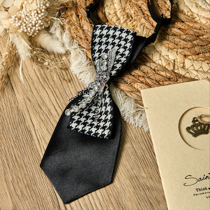 Schwarze kreative Krawatte mit Hahnentrittmuster und Strass in Schleifenform - image 5