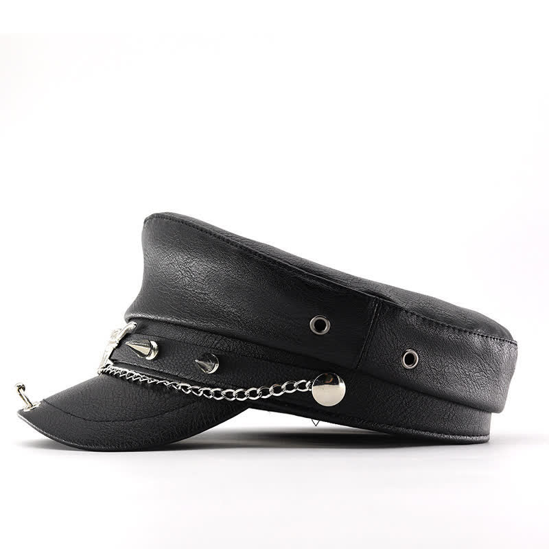 Schwarze Leder-Baskenmütze mit Kette von Longhorn Rivets - image 3
