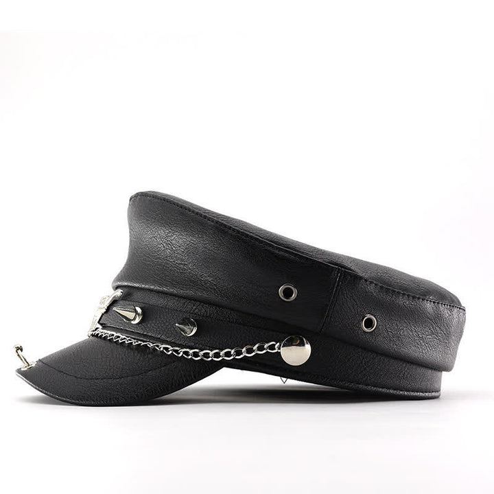 Schwarze Leder-Baskenmütze mit Kette von Longhorn Rivets - image 3