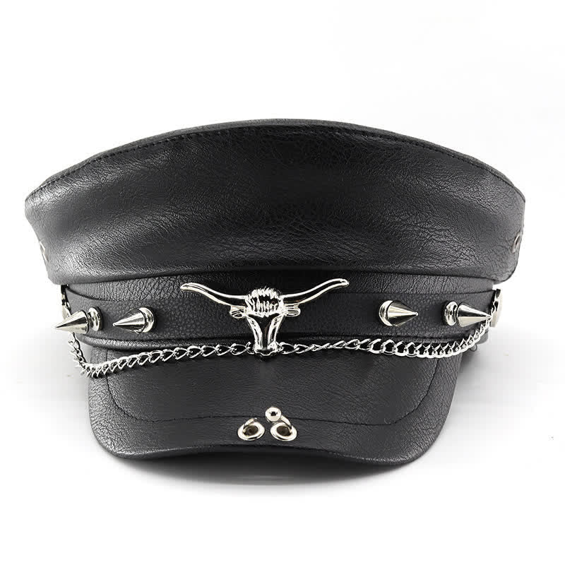 Schwarze Leder-Baskenmütze mit Kette von Longhorn Rivets - image 1