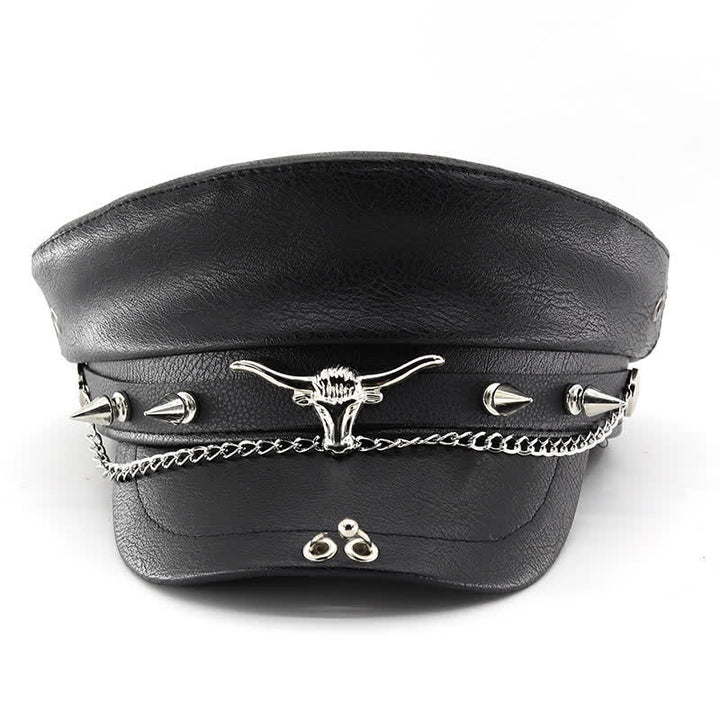 Schwarze Leder-Baskenmütze mit Kette von Longhorn Rivets - image 1