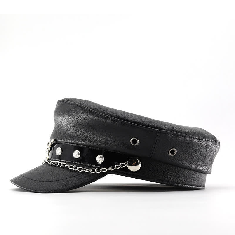 Schwarze Leder-Baskenmütze mit Kette von Longhorn Rivets - image 7