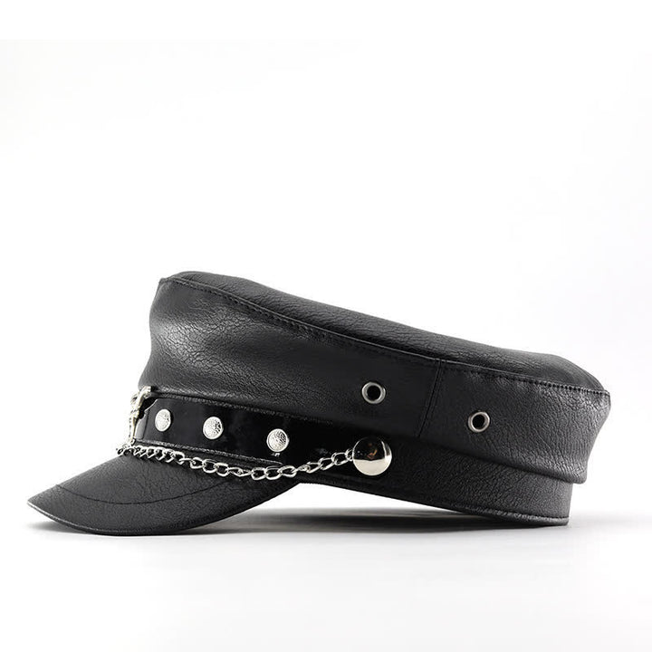 Schwarze Leder-Baskenmütze mit Kette von Longhorn Rivets - image 7