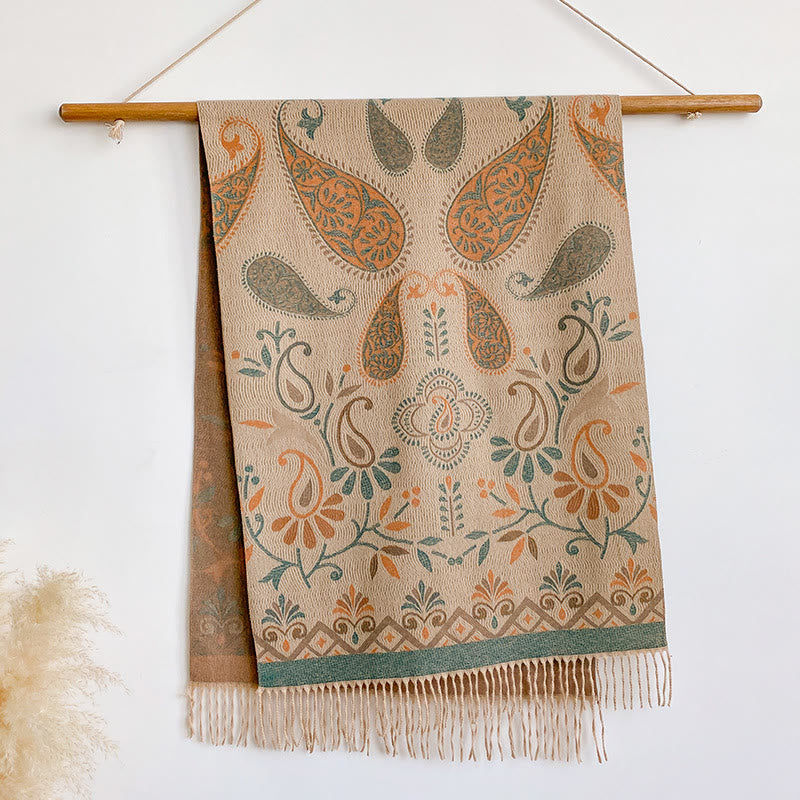 Damen-Winterschal im Bohème-Stil mit Print und Quasten, warm und warm - Khaki - image 2