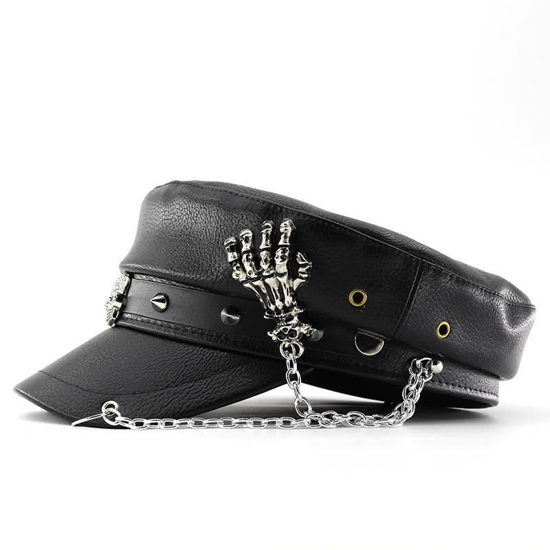 Punk-Style Totenkopf- und Skelett-Handkette Leder-Baskenmütze - image 2