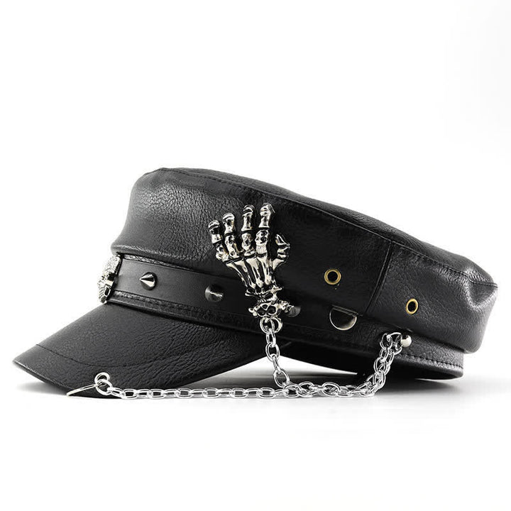 Punk-Style Totenkopf- und Skelett-Handkette Leder-Baskenmütze - image 2