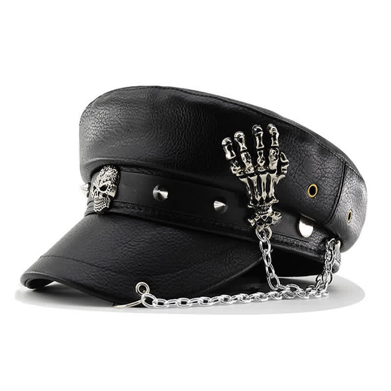 Punk-Style Totenkopf- und Skelett-Handkette Leder-Baskenmütze - Schwarz - M (22"-22 7/8") - image 0
