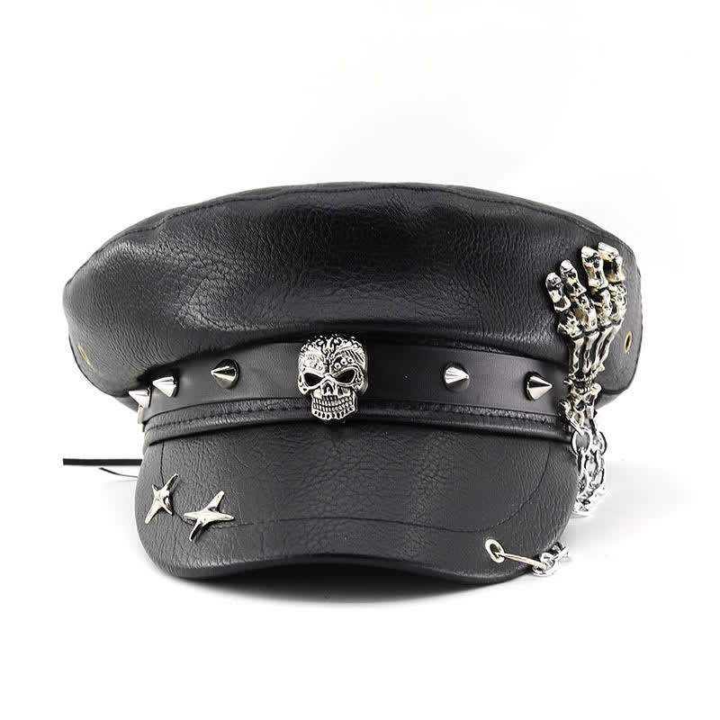 Punk-Style Totenkopf- und Skelett-Handkette Leder-Baskenmütze - image 1