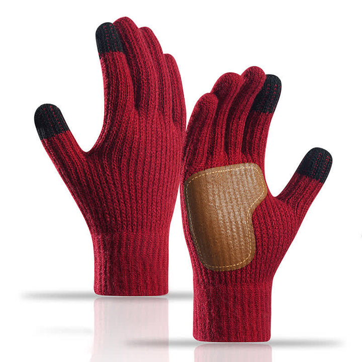 Warme, rutschfeste Strickhandschuhe mit Lederbesatz an der Handfläche - Weinrot - image 11