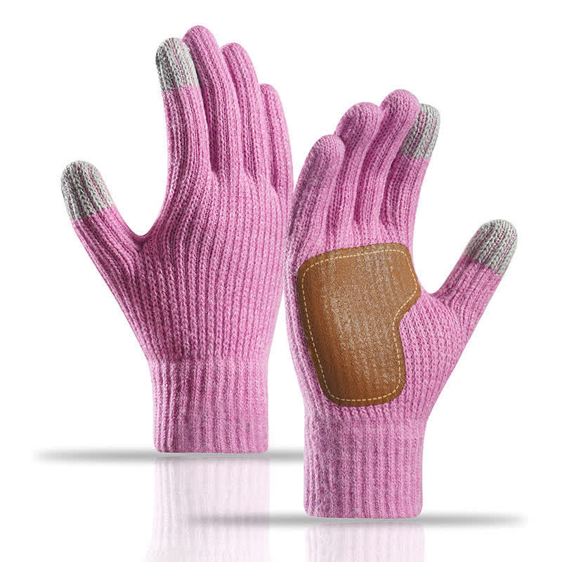 Warme, rutschfeste Strickhandschuhe mit Lederbesatz an der Handfläche - Hellviolett - image 17
