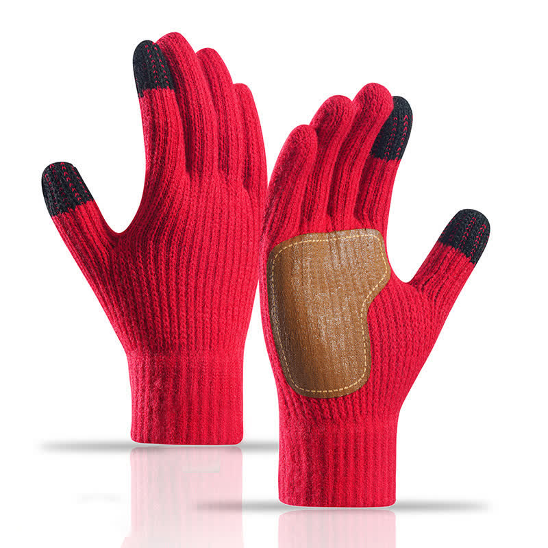 Warme, rutschfeste Strickhandschuhe mit Lederbesatz an der Handfläche - Rot - image 13