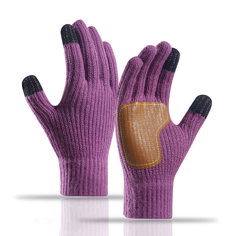 Warme, rutschfeste Strickhandschuhe mit Lederbesatz an der Handfläche - Dunkelviolett - image 18