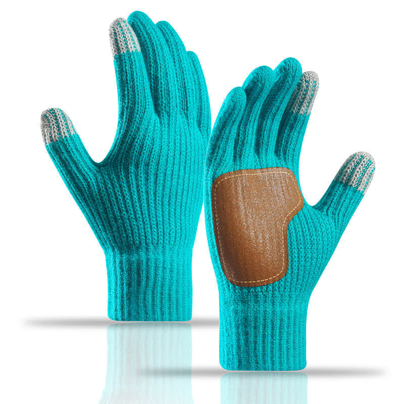 Warme, rutschfeste Strickhandschuhe mit Lederbesatz an der Handfläche - Lake Blue - image 15