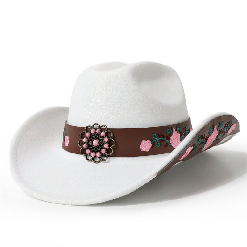 Herren-Cowboyhut mit Rosenstickerei und passendem Gürtel - Weiß - M (22"-22 7/8") - image 0