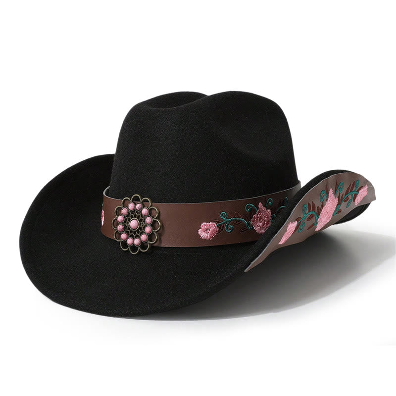 Herren-Cowboyhut mit Rosenstickerei und passendem Gürtel - Schwarz - M (22"-22 7/8") - image 1