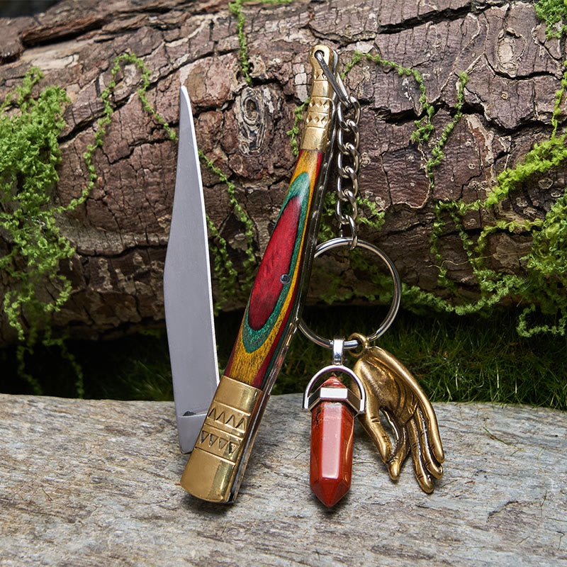 Buntes Messing-Klappmesser mit Buddha-Hand und Halskette aus rotem Stein - image 1