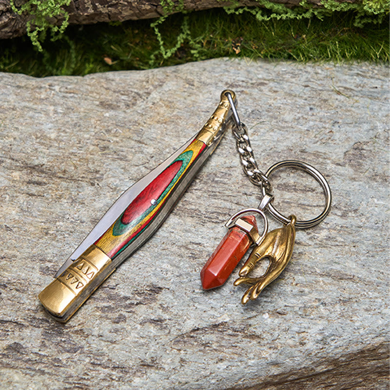 Buntes Messing-Klappmesser mit Buddha-Hand und Halskette aus rotem Stein - image 2