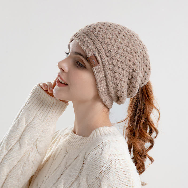 Damen-Wintermütze mit offenem Pferdeschwanz, warm gestrickt - Khaki - Verstellbar (21 5/8"-23 5/8") - image 0