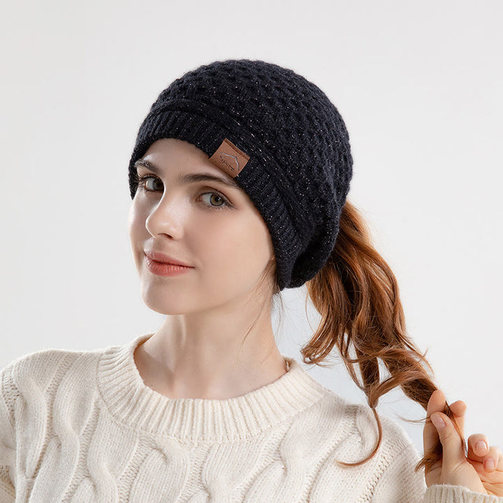 Damen-Wintermütze mit offenem Pferdeschwanz, warm gestrickt - Schwarz - Verstellbar (21 5/8"-23 5/8") - image 4