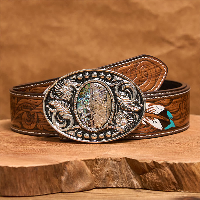 Silberner schwarzer Ledergürtel mit geschnitzter Muschelschnalle zum Selbermachen - Brauner Federgürtel - 40 - image 8