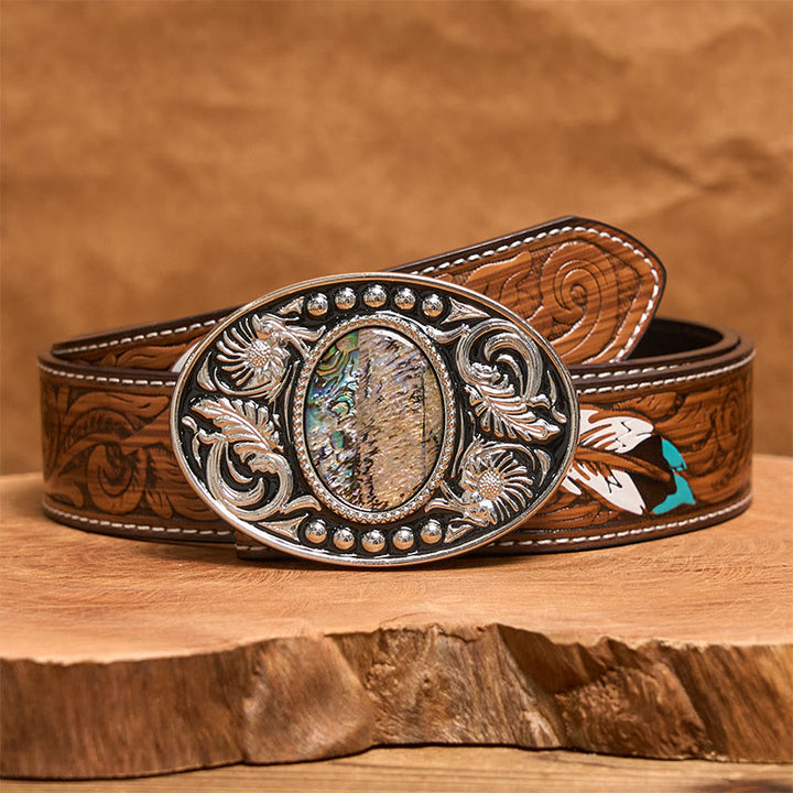 Silberner schwarzer Ledergürtel mit geschnitzter Muschelschnalle zum Selbermachen - Brauner Federgürtel - 40 - image 8