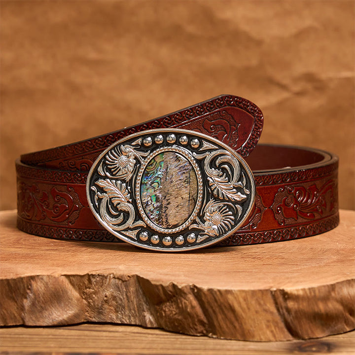 Silberner schwarzer Ledergürtel mit geschnitzter Muschelschnalle zum Selbermachen - Brauner geschnitzter Gürtel - 42 - image 7