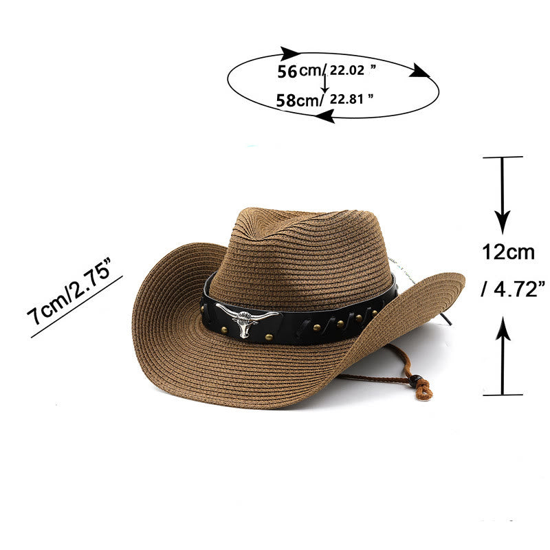 Western-Strohhut für Herren mit silbernem Stierkopf und schwarzer Krempe - image 5