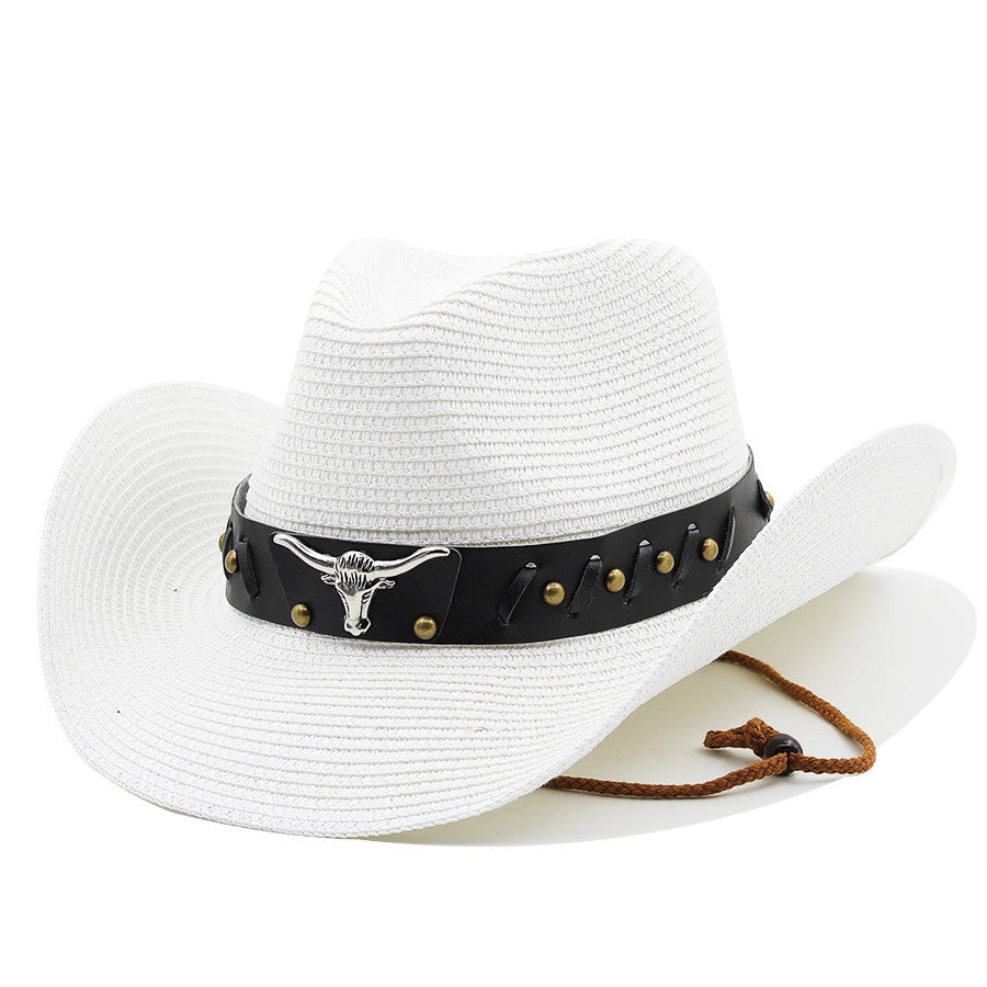 Western-Strohhut für Herren mit silbernem Stierkopf und schwarzer Krempe - Weiß - M (22"-22 7/8") - image 8