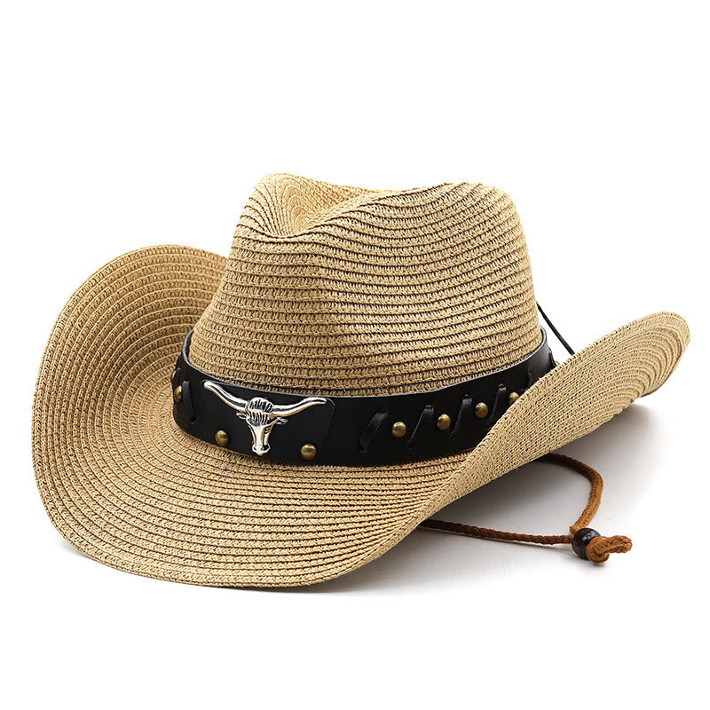 Western-Strohhut für Herren mit silbernem Stierkopf und schwarzer Krempe - Khaki - M (22"-22 7/8") - image 10