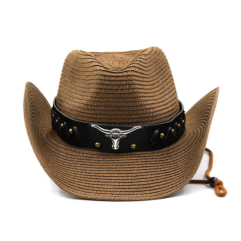 Western-Strohhut für Herren mit silbernem Stierkopf und schwarzer Krempe - image 1