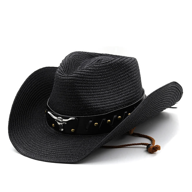 Western-Strohhut für Herren mit silbernem Stierkopf und schwarzer Krempe - Schwarz - M (22"-22 7/8") - image 9