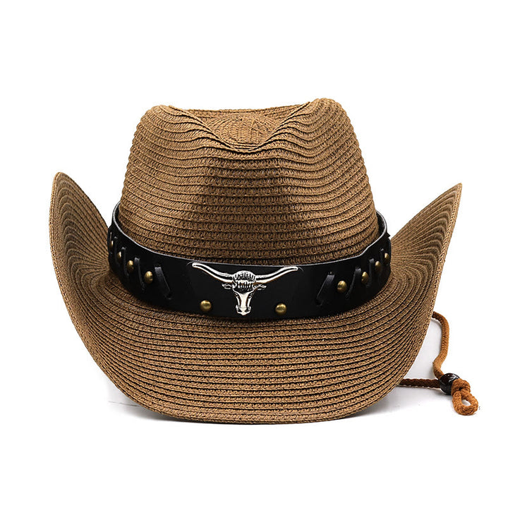 Western-Strohhut für Herren mit silbernem Stierkopf und schwarzer Krempe - image 1
