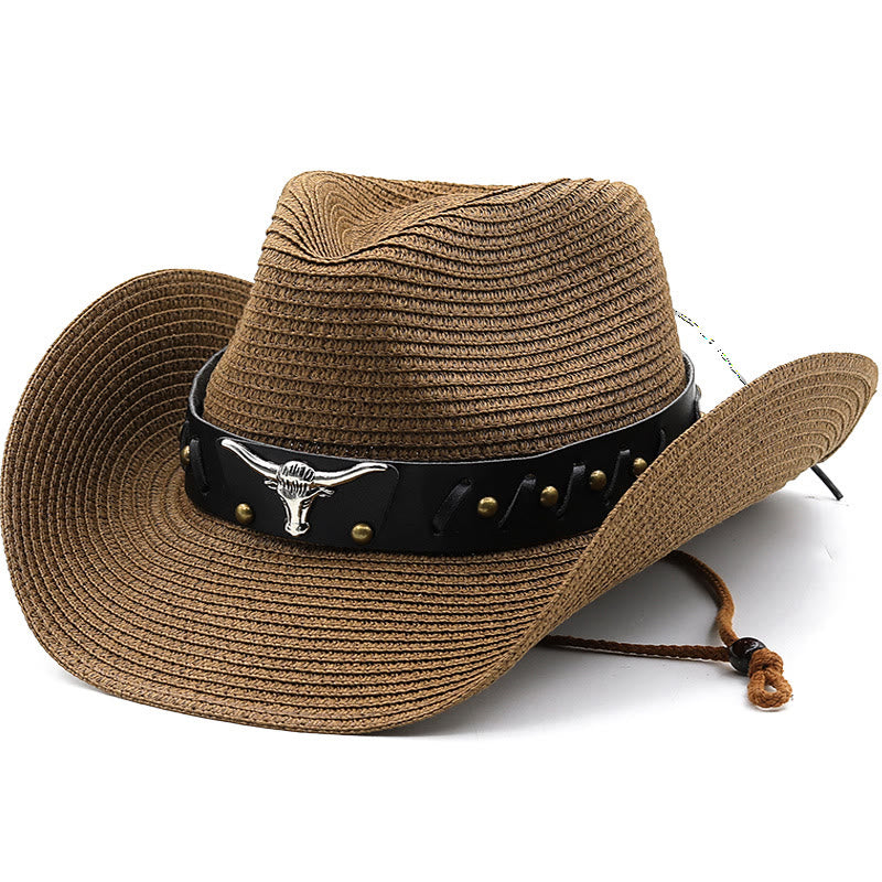 Western-Strohhut für Herren mit silbernem Stierkopf und schwarzer Krempe - Kaffee - M (22"-22 7/8") - image 0