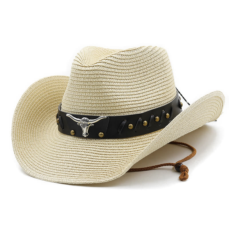 Western-Strohhut für Herren mit silbernem Stierkopf und schwarzer Krempe - Beige - M (22"-22 7/8") - image 6