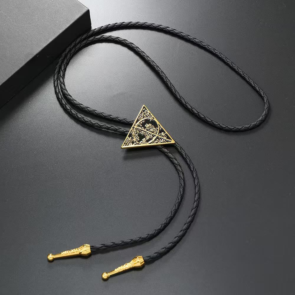 Bolo-Krawatte aus Leder mit geometrischem Dreiecksmuster und Metallgeflecht - Gold - image 2