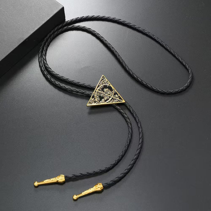 Bolo-Krawatte aus Leder mit geometrischem Dreiecksmuster und Metallgeflecht - Gold - image 2