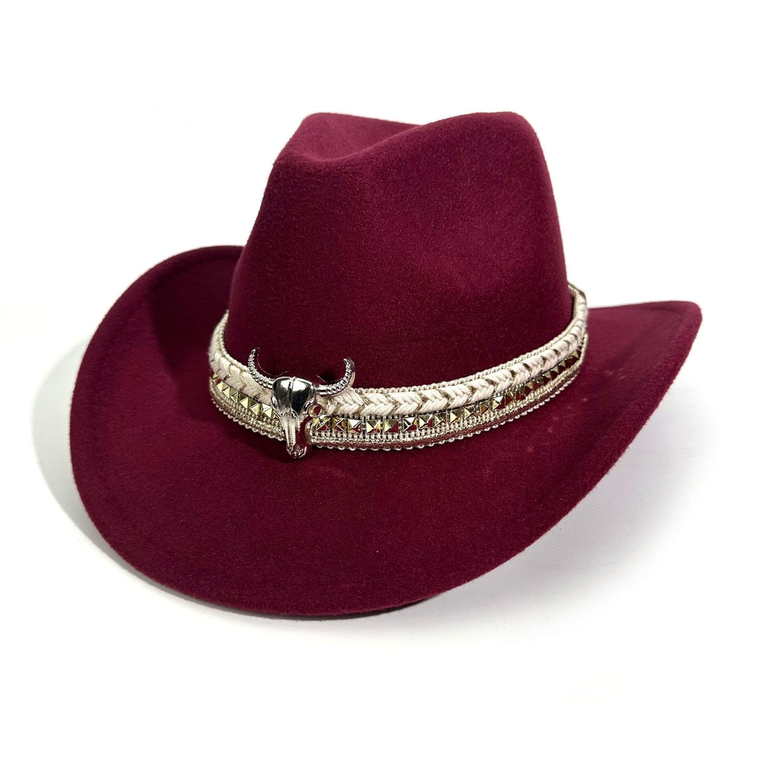 Cowboyhut im Western-Stil mit Metallkrempe und Gürtel - Wein - M (22"-22 7/8") - image 5