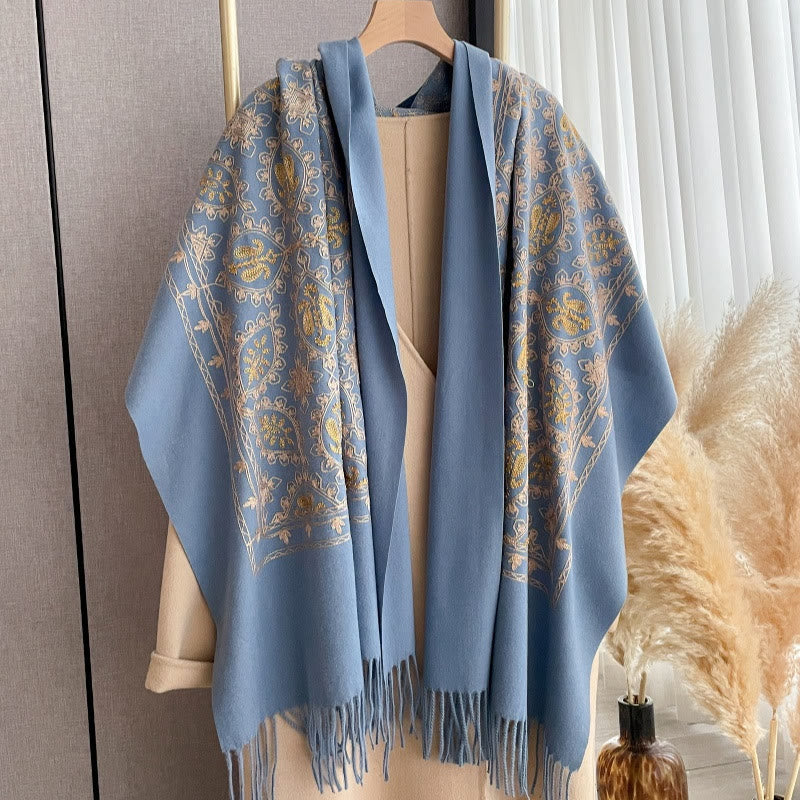 Damen-Schal mit Vintage-Blumenmuster und Fransen - Königsblau - image 2