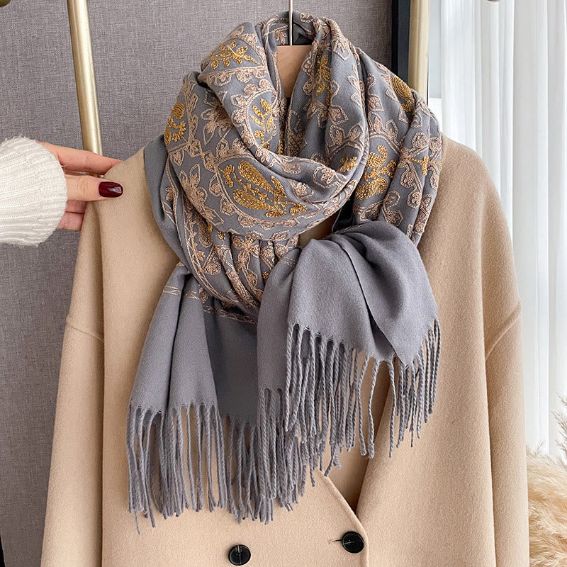 Damen-Schal mit Vintage-Blumenmuster und Fransen - Grau - image 7