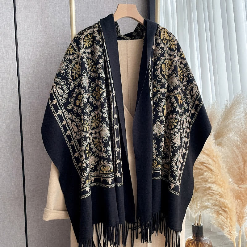 Damen-Schal mit Vintage-Blumenmuster und Fransen - Schwarz - image 5