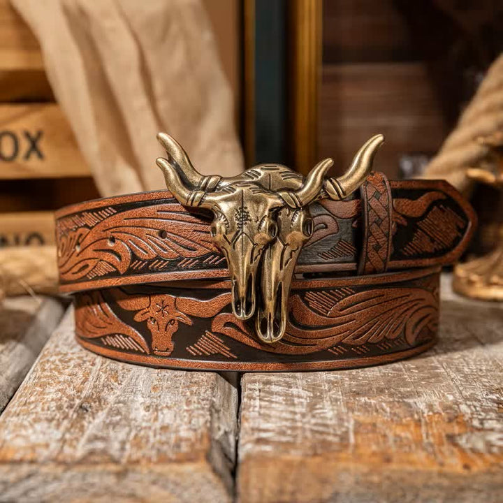 Western-Ledergürtel mit doppeltem Stierkopfmotiv und Prägung - Braun / Bronze - 38 - image 7