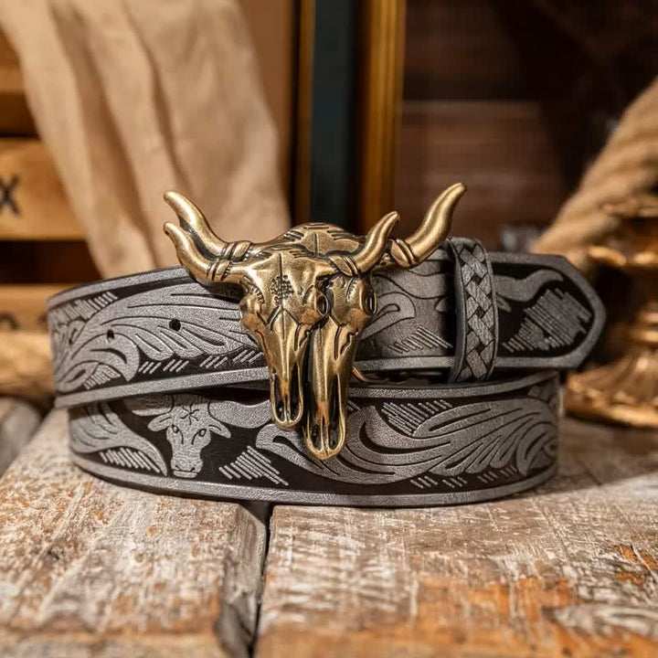 Western-Ledergürtel mit doppeltem Stierkopfmotiv und Prägung - Grau / Bronze - 38 - image 5