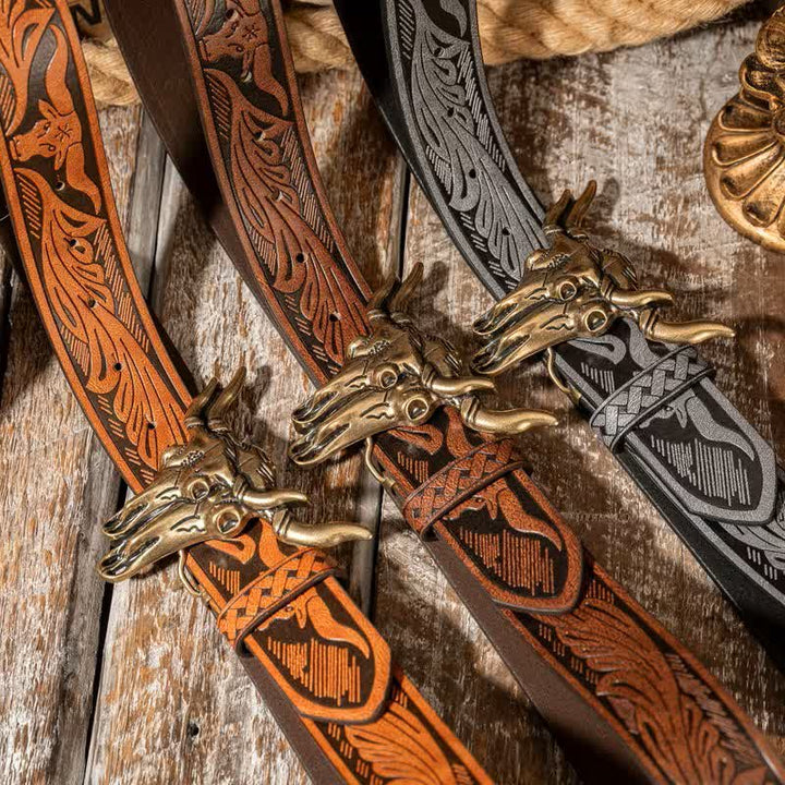 Western-Ledergürtel mit doppeltem Stierkopfmotiv und Prägung - image 1