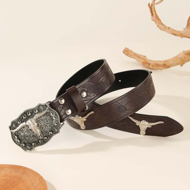 Western Charming Bull Shaped Niet Leather Belt - image 1