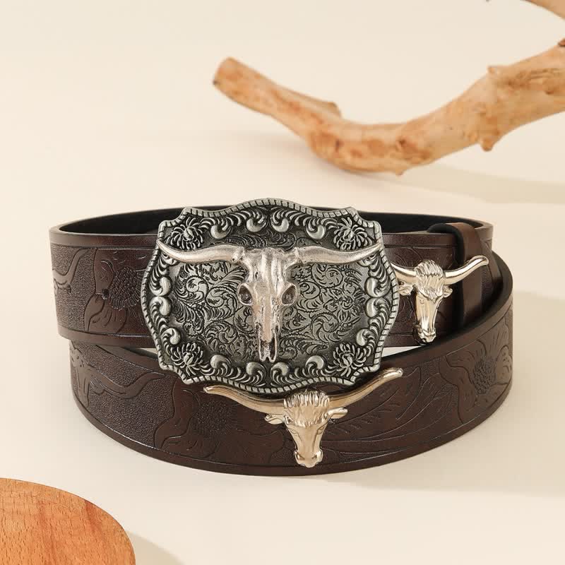 Western Charming Bull Shaped Niet Leather Belt - Braun - 42 - image 0