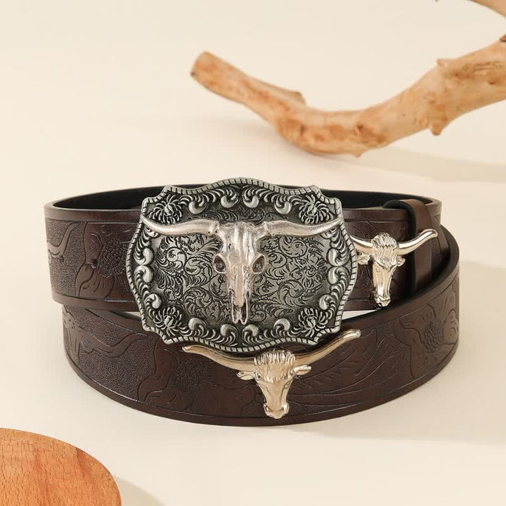 Western Charming Bull Shaped Niet Leather Belt - Braun - 42 - image 0