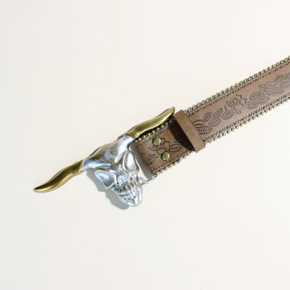 Herren-Gürtel im Western-Stil mit goldener Longhorn-Bullenkopfschnalle und Nieten - image 6