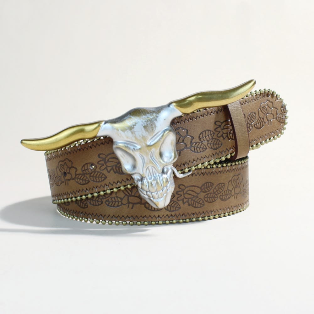 Herren-Gürtel im Western-Stil mit goldener Longhorn-Bullenkopfschnalle und Nieten - image 5
